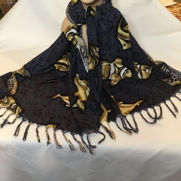 Touch of Hawaii Scarf Sea Life Print with Tassels 59" L x 21.5" W - Picture 4 of 4